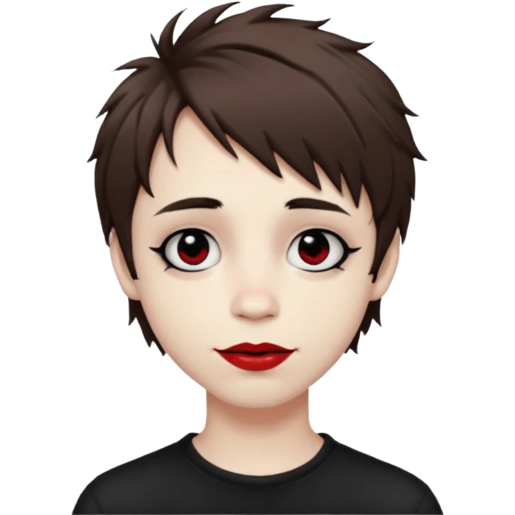 Happy pale Goth boy with shaggy brown hair, and messy black eyeliner , smudged, red, lipstick  emoji