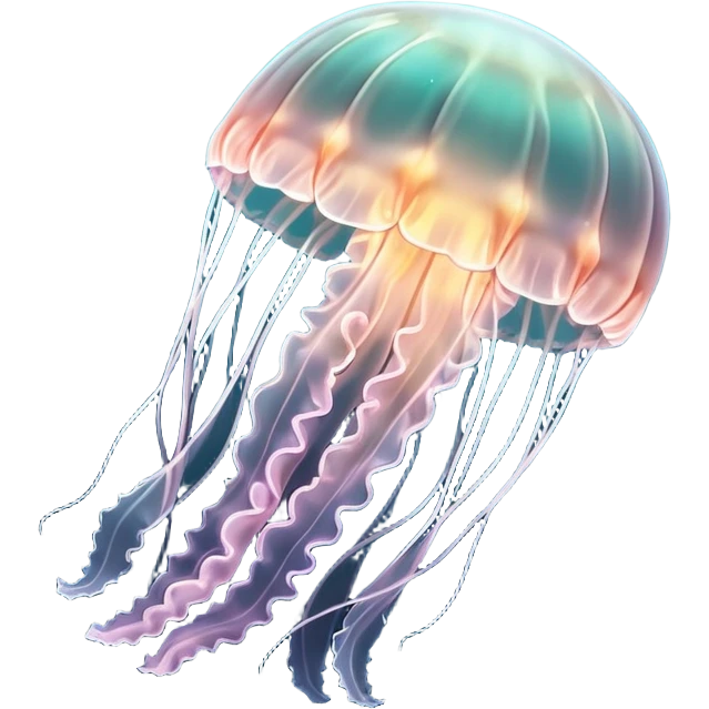 A transparent jellyfish, specifically Aurelia aurita, almost completely see-through. Its body is made of translucent material, glowing softly in dark water, creating a beautiful, ethereal effect. Minimalist, modern design with a glowing, translucent look emoji