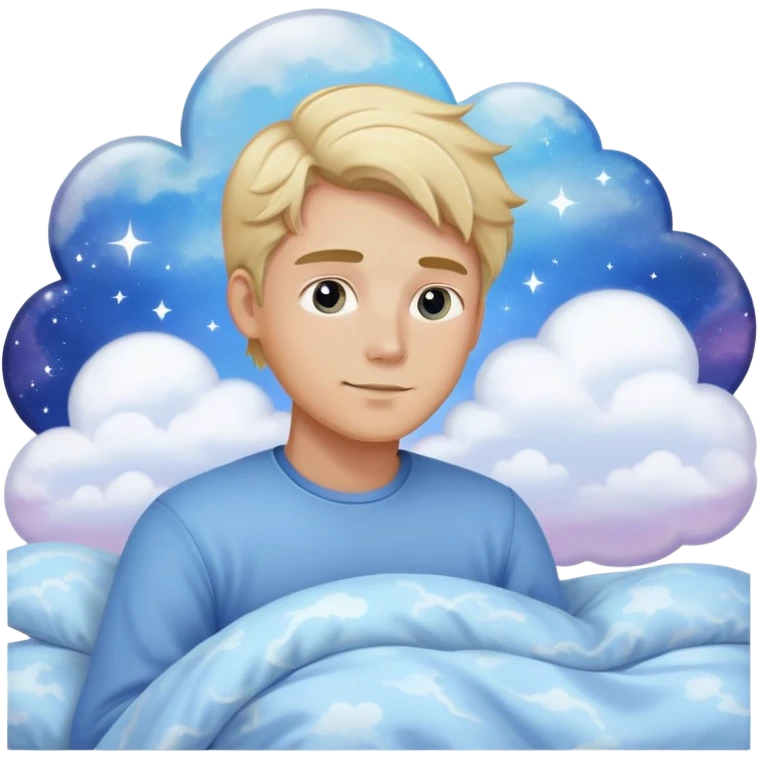 Sweet dreams a blonde man in a very comfy bed with blue and Pastel clouds and an delicate  galaxy elegant  emoji