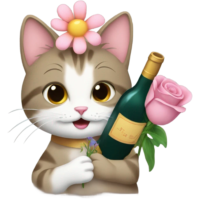 Cat holding flowers and a wine bottle emoji