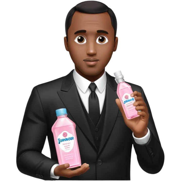 A realistic product shot of a transparent bottle of Johnson’s Baby Oil by Johnson & Johnson, featuring a soft pink label. The oil inside is crystal clear and glossy. Sean "Diddy" Combs in black suit is holding the bottle emoji