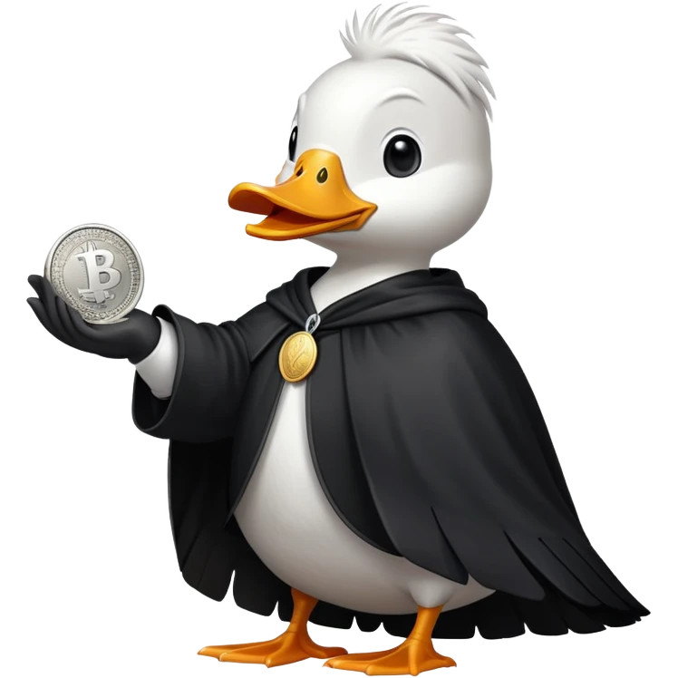 A cool duck wearing a black cloak with a silver coin in its wing emoji