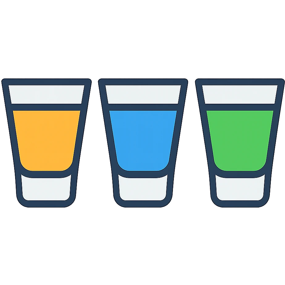 three shot glasses, each with a different drink, clean modern style emoji