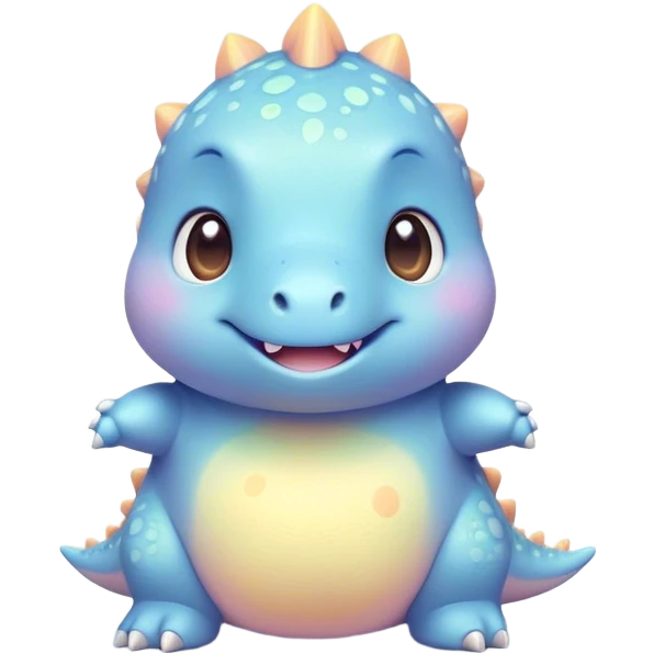 Cinematic tiny pastel dinosaur, chubby round body, tiny feet, big sparkling eyes, soft glowing colors, happy and friendly expression, radiating warmth. emoji