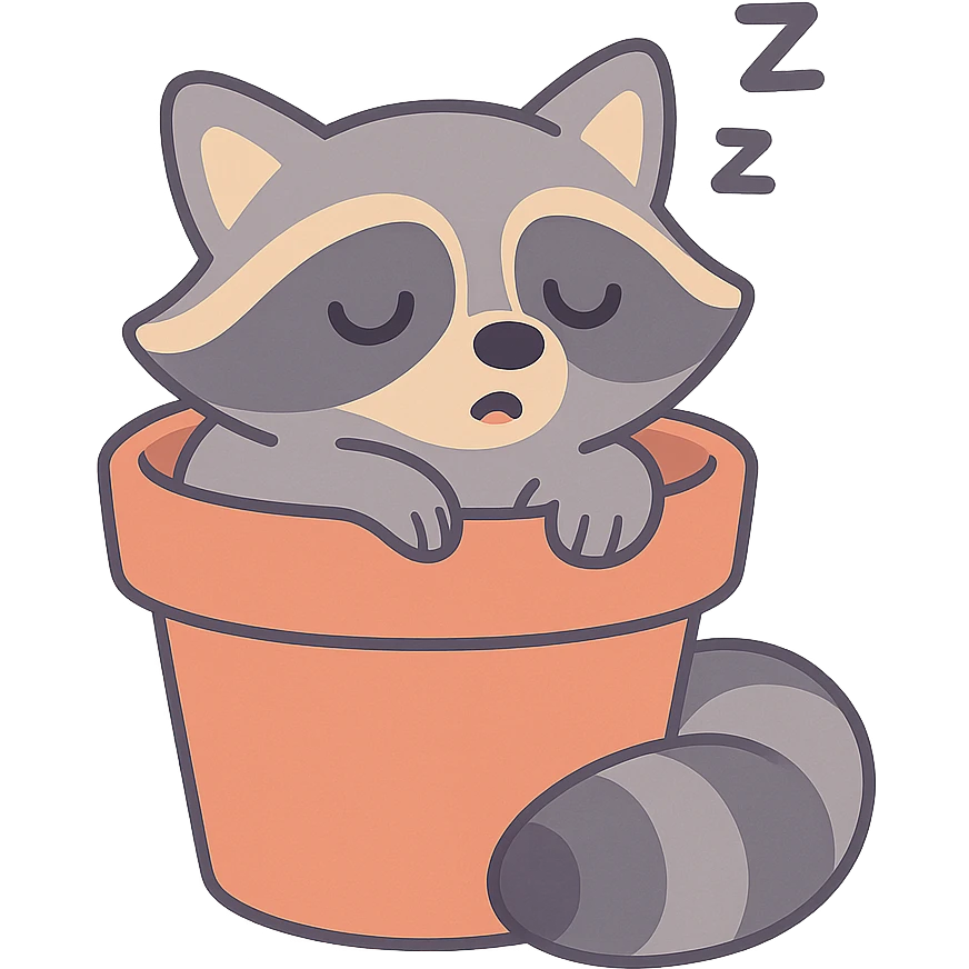 sleepy raccoon inside a flower pot, pastel earthy colors, pastel toon style emoji