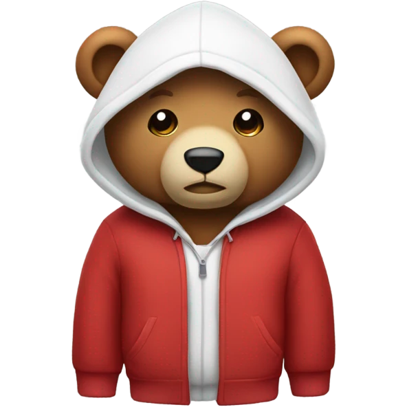 Stuffed bear wearing a hoodie, top half is red, bottom half is white emoji
