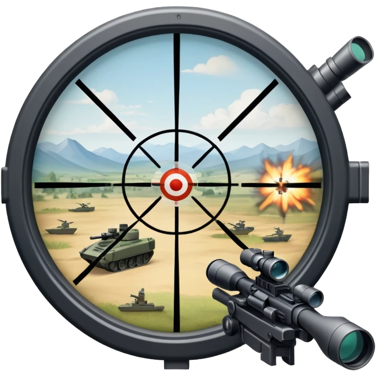 An icon symbolizing first-person shooter games. The design features a circular sniper scope view with crosshairs aimed at a distant target. The background shows a battlefield with soldiers and explosions, capturing the action-packed intensity of FPS games. Transparent background. emoji