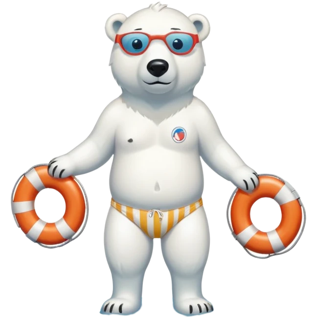 full body friendly anthropomorphised polar bear wearing striped swim shorts and swim goggles, standing in a puddle and holding a life buoy emoji