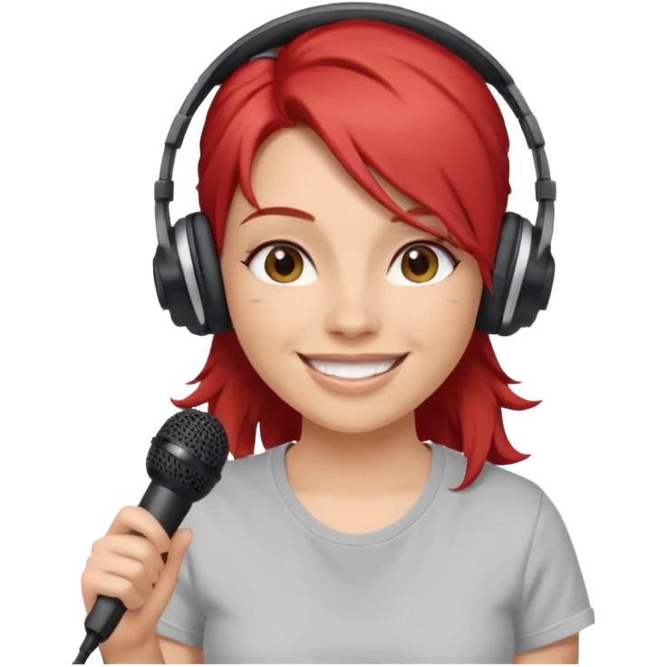 Female, happy, wearing headphone having mic, t-shirt, red hair
 emoji