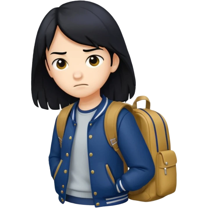 college student with annoyed face , black hair , with navy varsity jacket( initial I)  and  and backpack , girl, long hair,  emoji