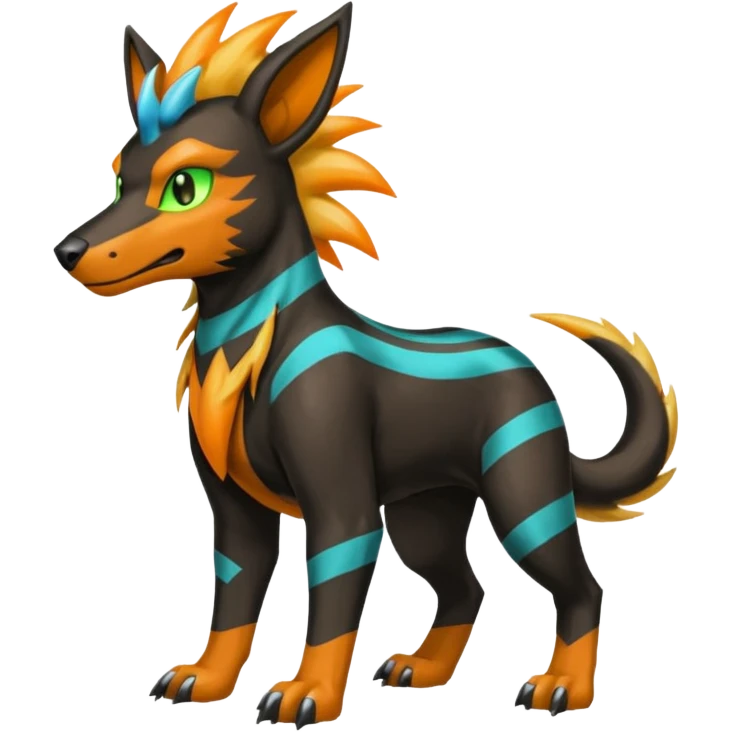 Cyan manectric-Electrike-Zeraora-Houndoom-fusion with neon-green stripes and orange eyes  emoji
