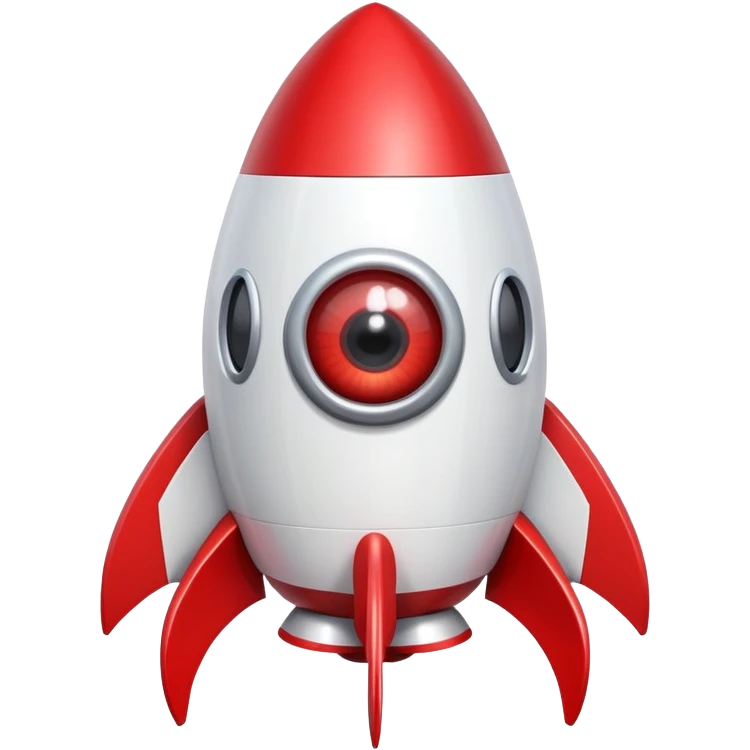 A red and white rocket with large cute eyes and eyelashes emoji