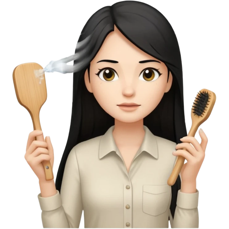 A white woman with long, straight black hair, wearing an ivory-colored shirt, holding a small square wooden paddle hairbrush in her left hand and spraying a hair mist bottle with her right hand toward her hair. emoji