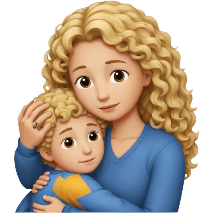 a mother with blond curly long hugging his son with brown hair and like saying its okay emoji