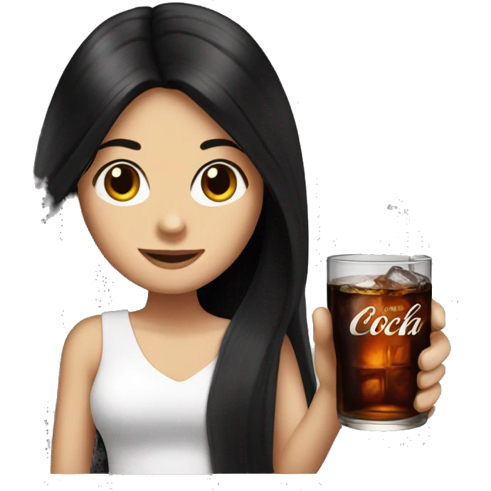 A white girl with long black hair holding a bourbon and Coke emoji