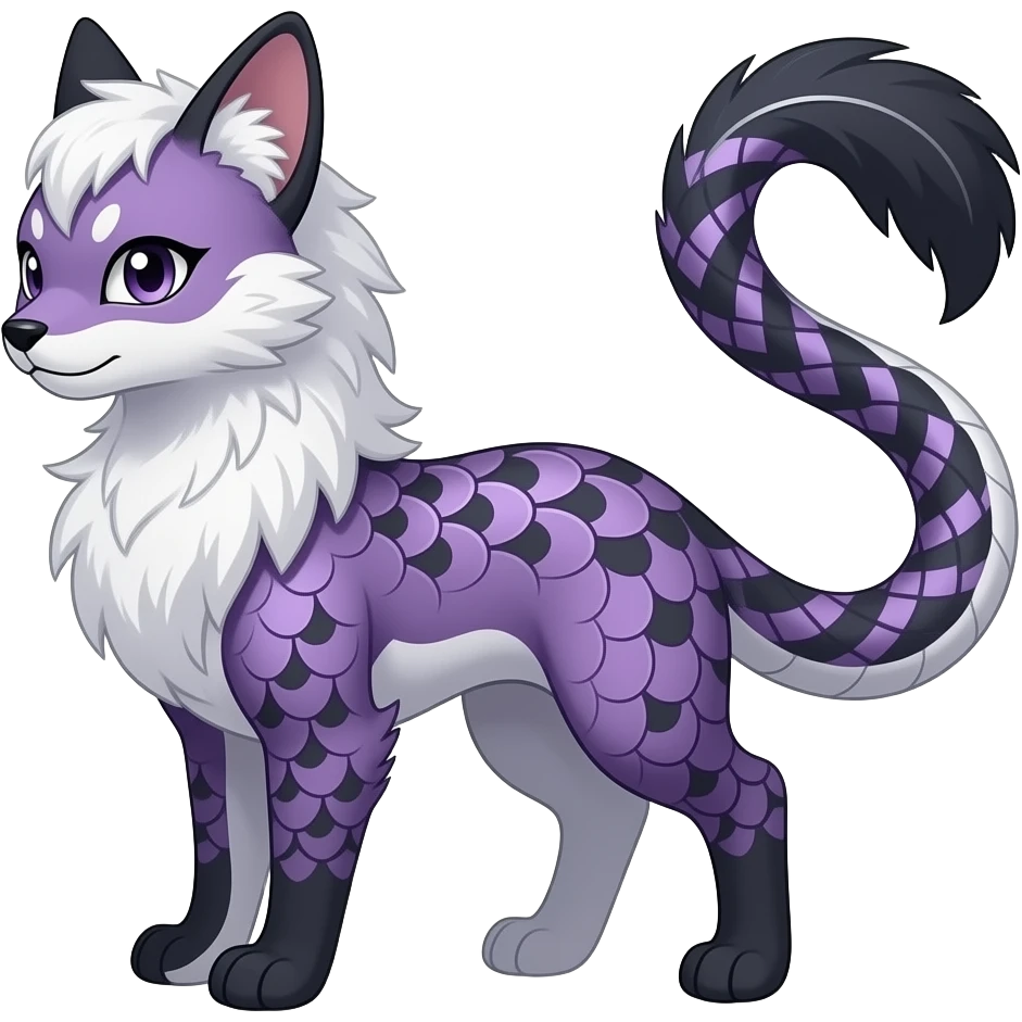 Plaid-patterned Slim stylish feather-maned elegant realistic Asian Furry, feathery fluffy tropical flecked painted feathery scaly, Purple, white, black, Minccino-Bambino-Lykoi-Linoone-Zangoose-fusion-hybrid-animal-Fakémon-creature, full body, thin long sleek scaly tail, intricate markings emoji