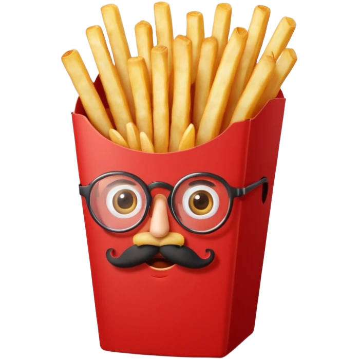 long slim crispy fries in a red carton, carton has eyes and mustache and glassess emoji