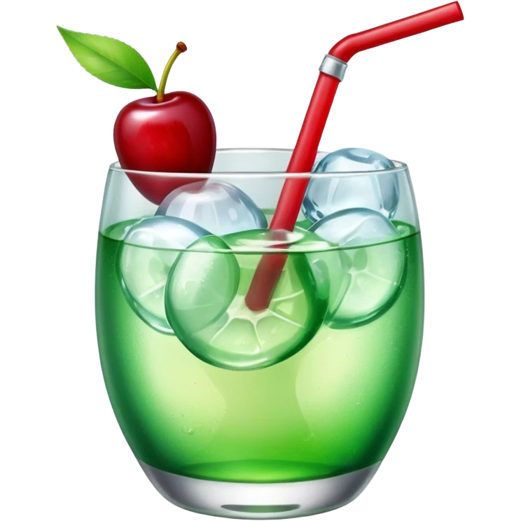 Create an emoji with a very clear rounded glass and ice, bright transparent green soda , a smooth vanilla scoop circle shape, a glossy red cherry, using vibrant colors, soft shading, and clear glass highlights.
 emoji