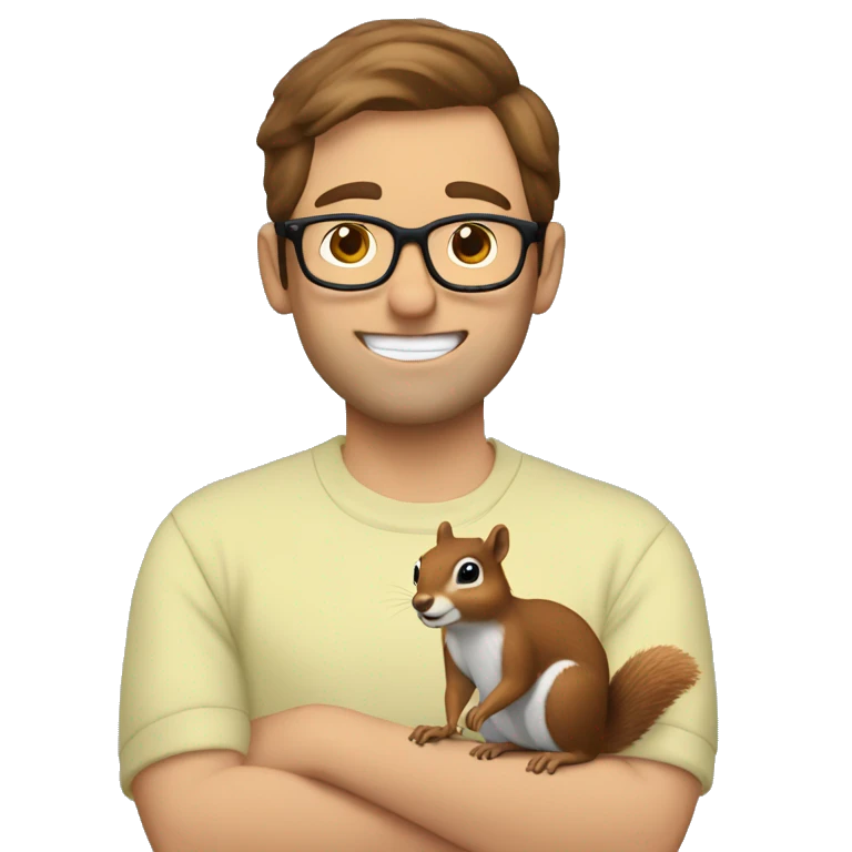 A man with brown hair, glasses and fair skin, feeds a squirrel emoji