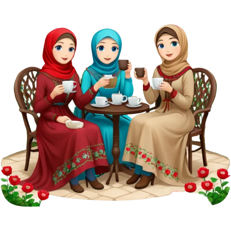 Turkish beautiful finish Konya girls blue eyes with Beautiful red green floral hijab long tail dress and this two friends sit in a lovely garden on the chair on the ground and holds cup coffe with her hand  emoji