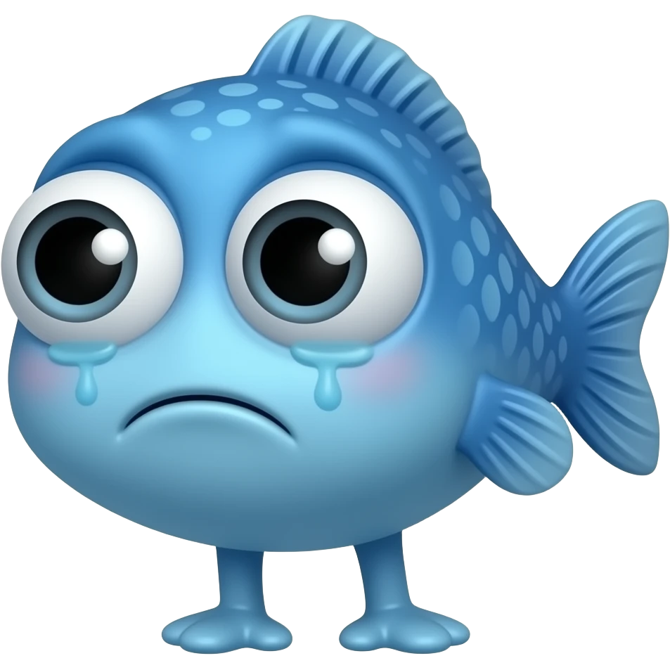 A little blue fish standing on its legs, looking at us with a sad face emoji