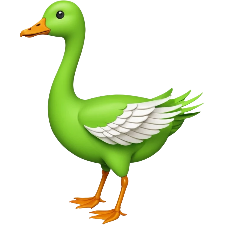 Emoji of a running goose with a very long neck and two legs. Use 🪿 shape but color it bright green (#39C700). The wings must be pressed tightly against the body, fully folded with no gap or spread. Do NOT show wings flapping or extended emoji