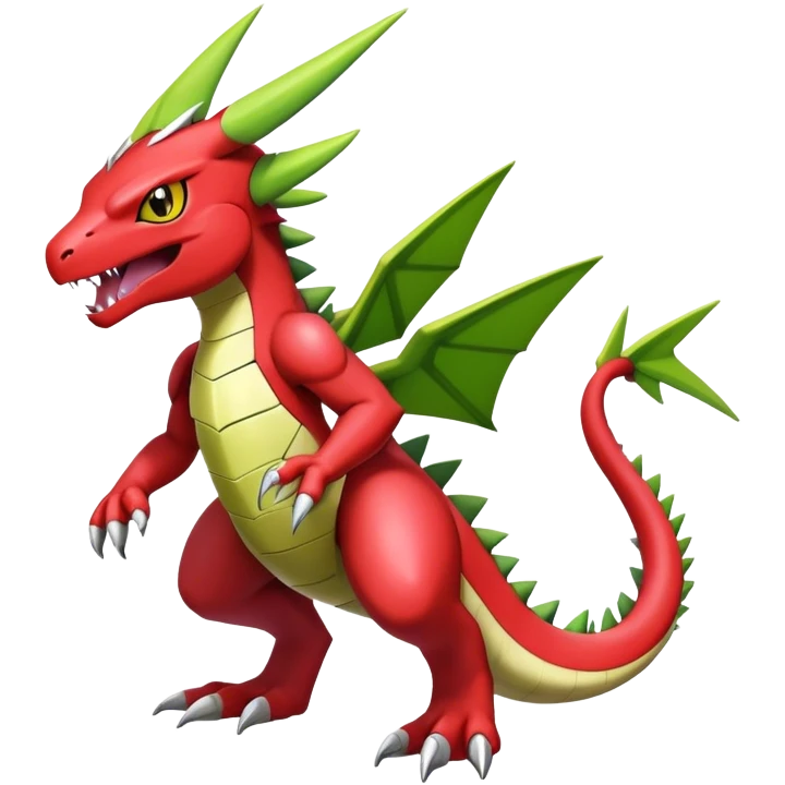 Cool edgy cute shiny futuristic Guilmon-Flygon-Tyranitar-Digimon-hybrid-fusion, yellow belly, full body emoji