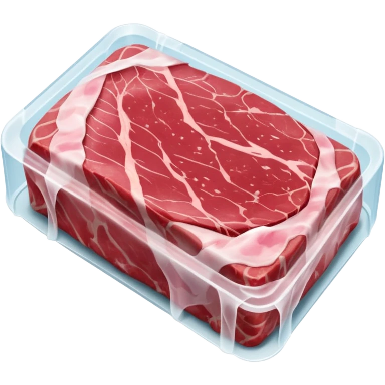 single raw meat cut steak or filet wrapped in thin layer of frosty plastic film with visible ice crystals slightly opaque surface pink to red meat with subtle marbling stiff edges frozen solid no tray no label no extras soft lighting subtle shadows emoji scale emoji