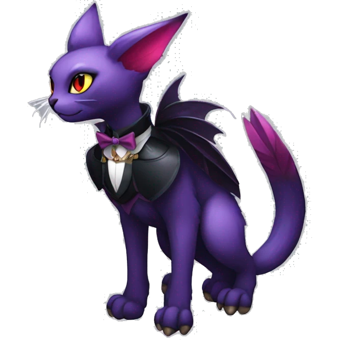 cool cartoon kawaii black purple red ethereal fantasy beautiful elegant nargacuga-Noivern-cat-Fakemon collar harness bow tie and bracers full body emoji