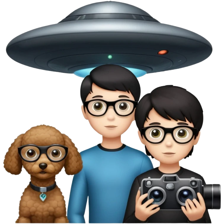 A little boy with straight black medium-length hair, white skin, and black eyes wearing black-framed glasses is taking photos on a UFO with a camera. Beside him, there is an alien and a brown round-headed poodle. emoji