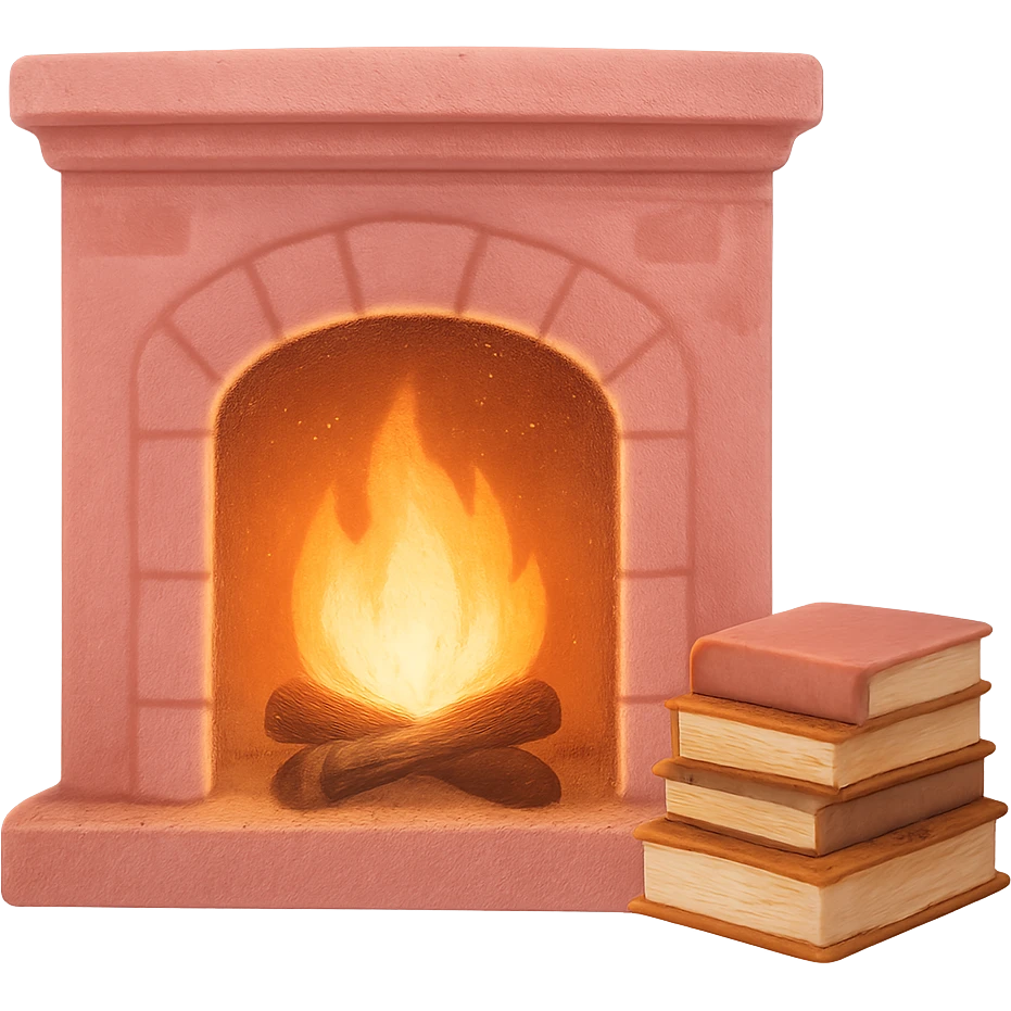 pink cozy fireplace with a stack of books, warm glow emoji