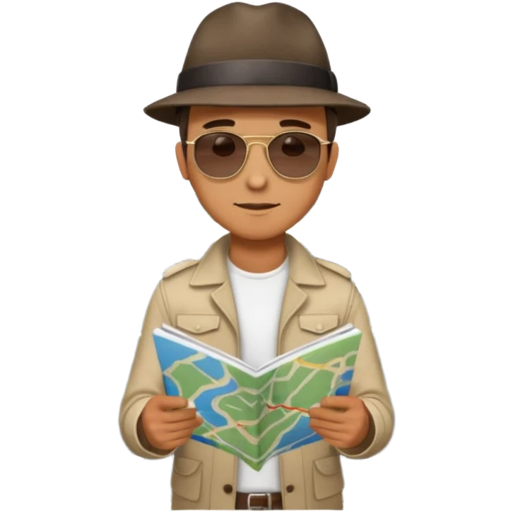 A man stands on a road with a map. There are 3 paths ahead. emoji
