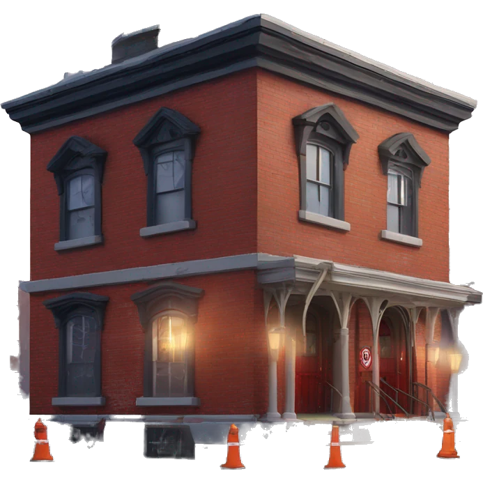 Very old dilapidated Firehouse building shaped like the Ghost Busters Firehouse with solar lights and decorative and detailed interior design with police barricades and police barriers around it  emoji