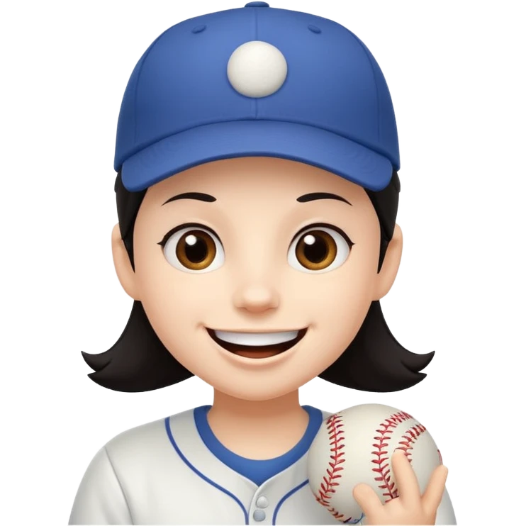 Digital illustration of a cartoon character with a big smile on its face. The character has dark hair and is wearing a white baseball cap. The overall style of the illustration is cute and playful. emoji