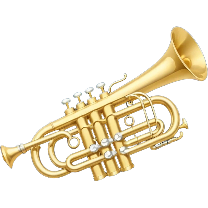 “Flat vector icon of a golden side-view trumpet with mouthpiece, bell, and three valves, thick outline, centered on a deep navy blue rounded-square (or circle); from the bell, 2–3 small white or light-blue music notes with dark outline emerge.  emoji