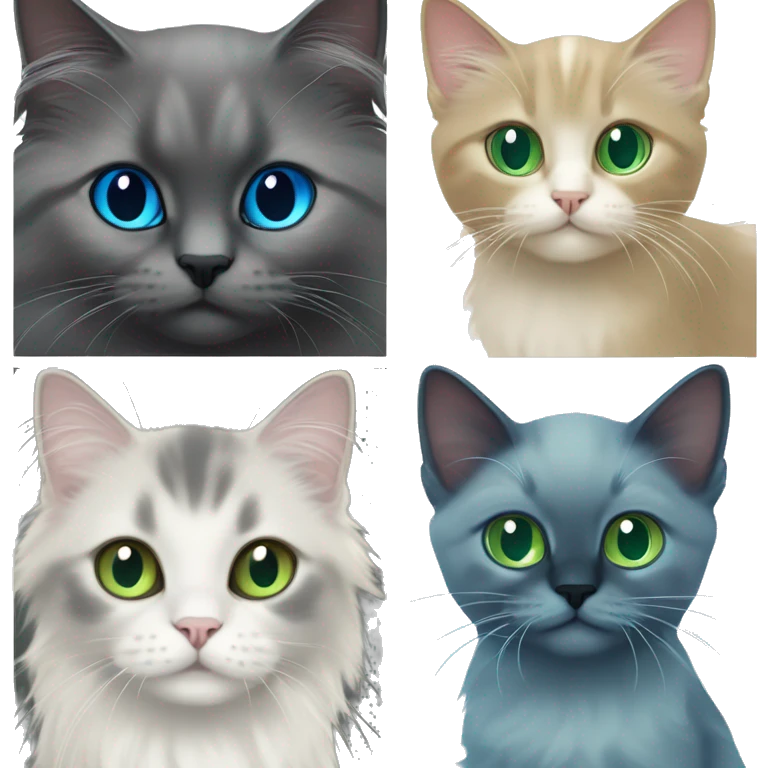 dark grey kitten with green eyes, with a blue mitted ragdoll with blue eyes, and a long haired golden scottish straight with green eyes emoji