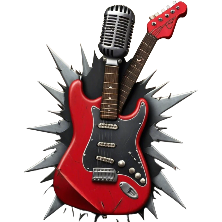Create a powerful and dynamic humanless emoji representing rock vocals. The design should feature a classic vintage microphone with a rugged, distressed look, surrounded by elements like a guitar pick, electric guitar neck, and sound waves to reflect the raw energy of rock music. Add subtle details such as a spiked bracelet, leather textures, or bold lightning bolts to evoke the rebellious and intense spirit of rock. Use dark, edgy colors like black, red, silver, and metallic accents to emphasize the fierce, loud, and passionate nature of rock vocals. The background should be transparent. emoji