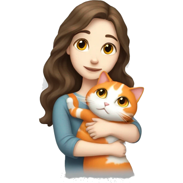pale skinned brunette long wavy haired girl hugging her white and orange cat   emoji