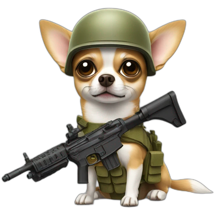 chihuahua with military helmet and a rifle on his hands emoji