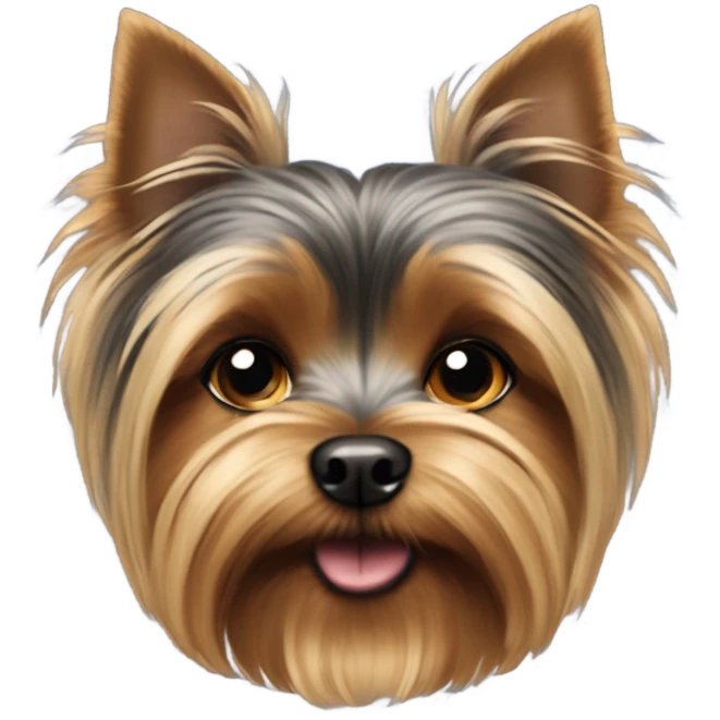 A small Yorkshire Terrier with fluffy golden-brown fur, black back, round face, perky ears, dark eyes, a small nose, and often a top bow or hair tie. emoji