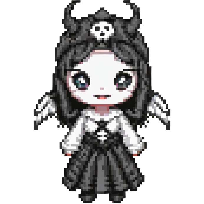 Change the color scheme to white and black, gothic kawaii phone case, big eyes, smiling, playful, cartoonish, gothic symbols, pixel art style, no background. emoji