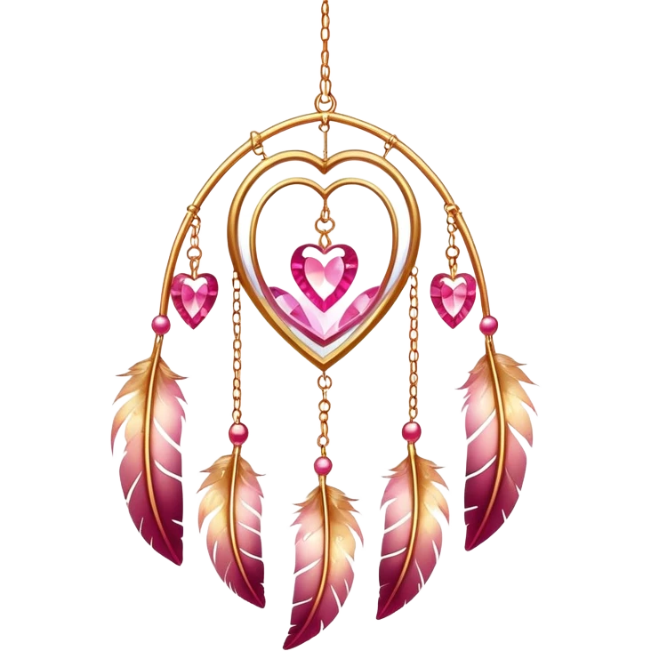 Reddish-pinkish and golden warm-colored romantic lush beautiful pretty hanging crystal-catcher aesthetic with hearts and sparkles and feathers emoji