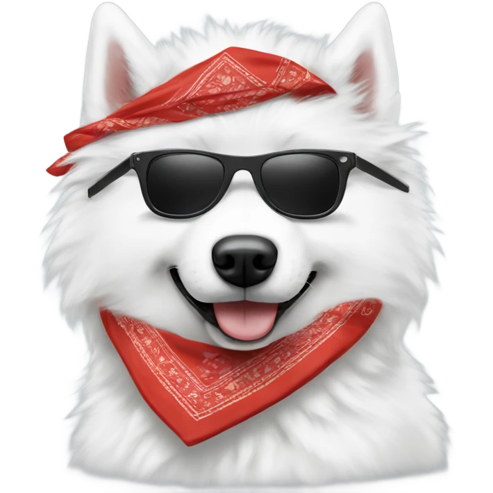 Samoyed wearing a bandana with sunglasses and a cigarette emoji