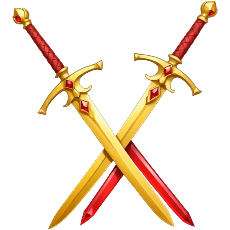 Two crossed swords that are golden in blade and handle and have fiery and royal appearence to them as well as red gem stones yellow in color emoji