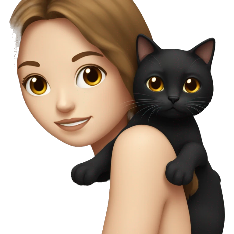 white girl with long brown hair holding fluffy black cat emoji