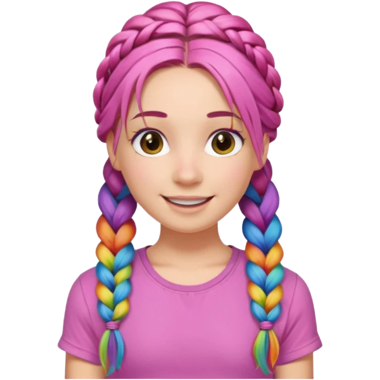 Woman with braided rainbow hair, happy — long braids, pink shirt emoji