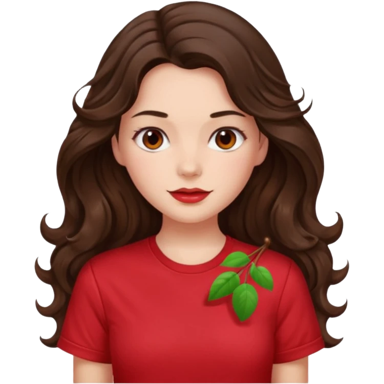 Brunette girl with long wavy hai length hair and blush, wearing cherry red tshirt emoji