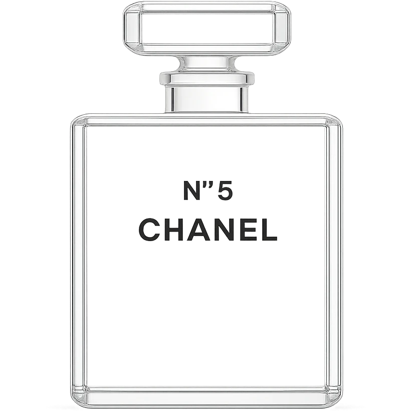Chanel perfume bottle as a minimalist glass sculpture, clean lines, subtle branding emoji