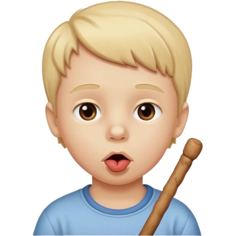 A white child blows his lips into a stick emoji