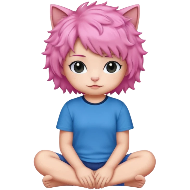 Black cat wearing a short curly pink hair wig, blue T-shirt emoji